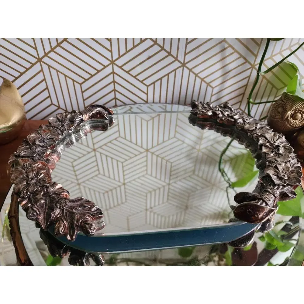 Vintage Heritage Mint Silver Plated Filigree Ornate Mirrored Vanity Tray